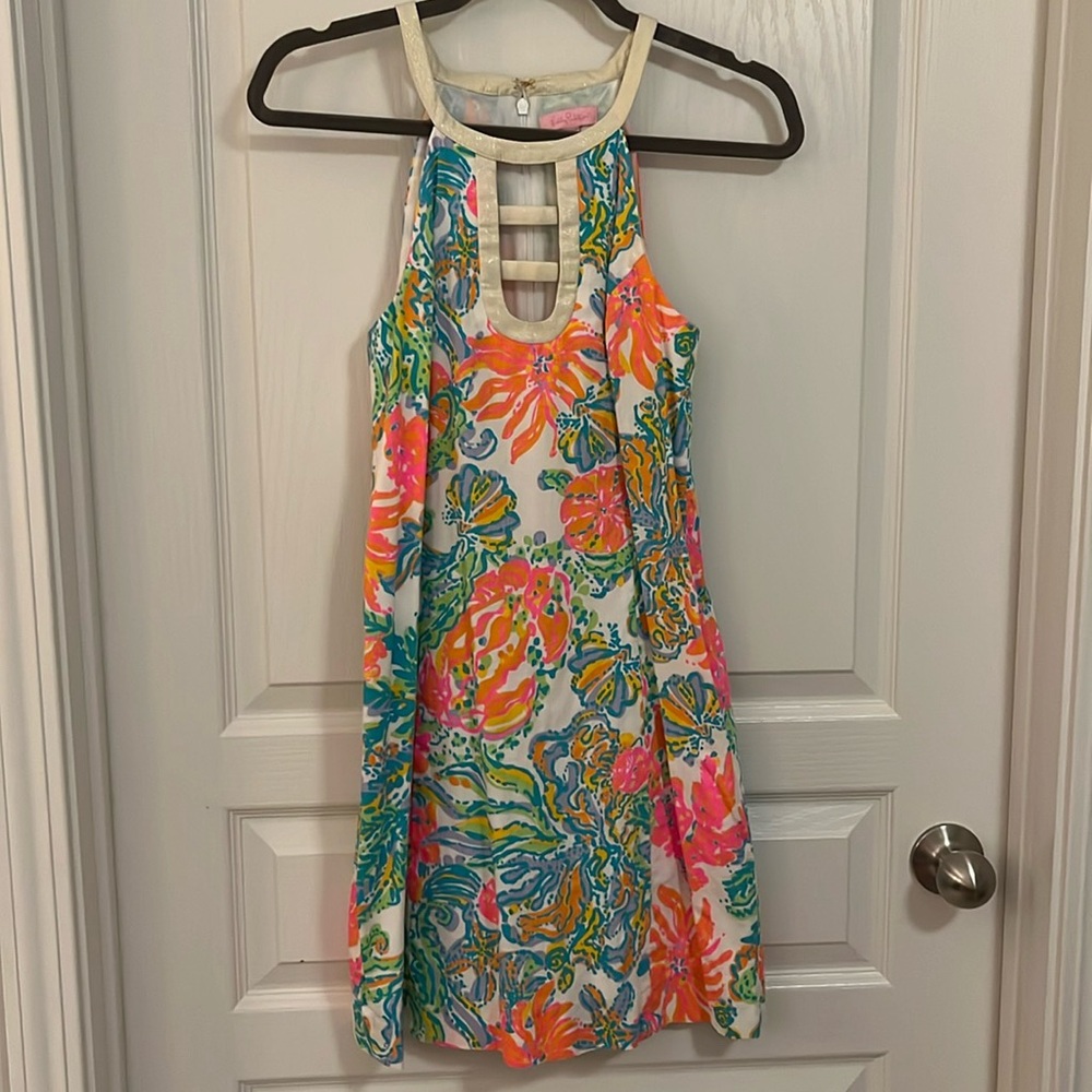 Lily Pulitzer Halter Gold Trim Floral Beachy Size 4